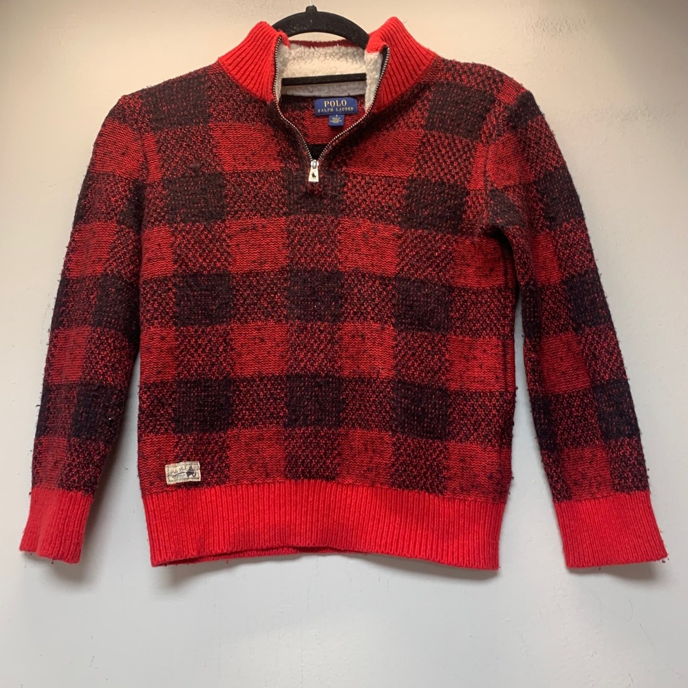 Polo Ralph Lauren Sweater Boys 7 Red Black Buffalo Plaid Quarter Zip Excellent
